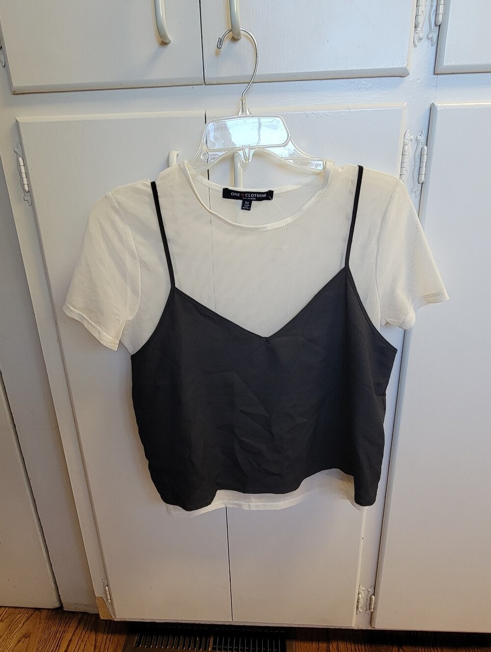 one clothing White Short Sleeve Tee with Black Camisole Overlay